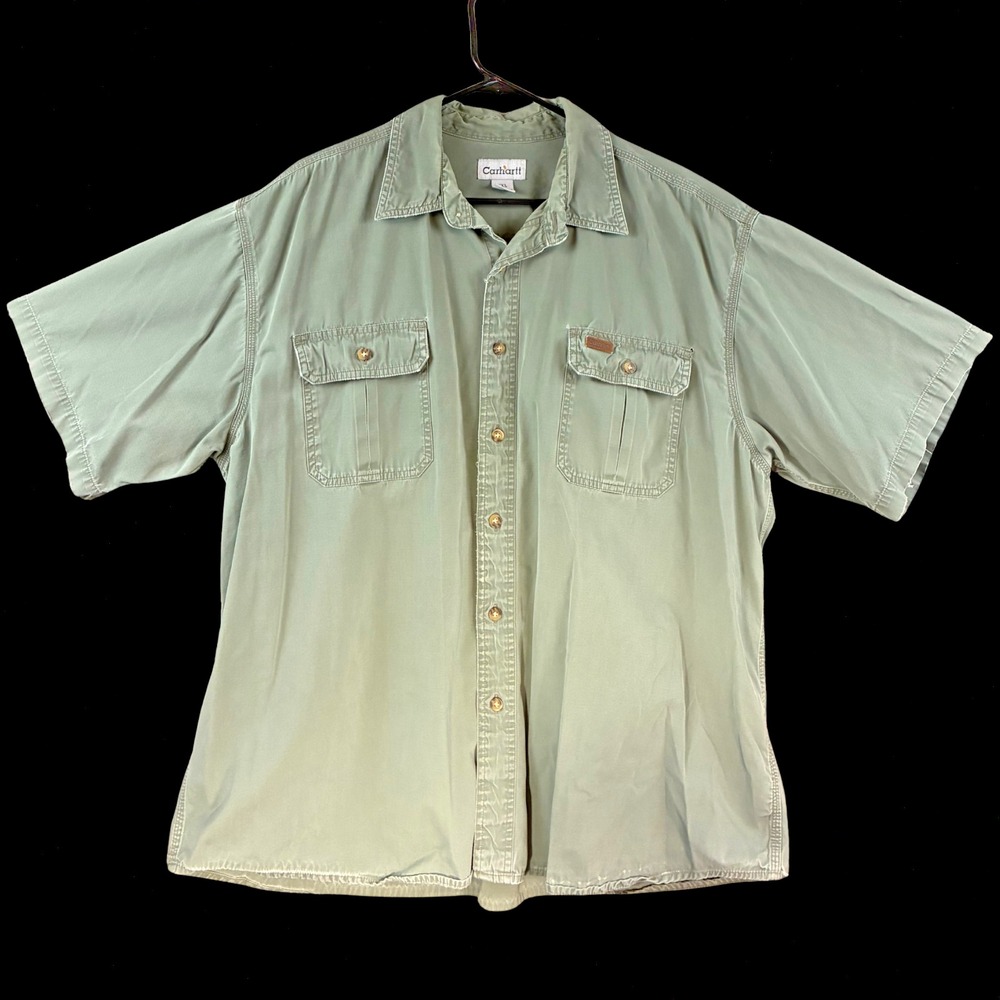 Carhartt Vintage Mens 2XL Olive Green Work Shirt 100% Cotton S110LMO Rugged